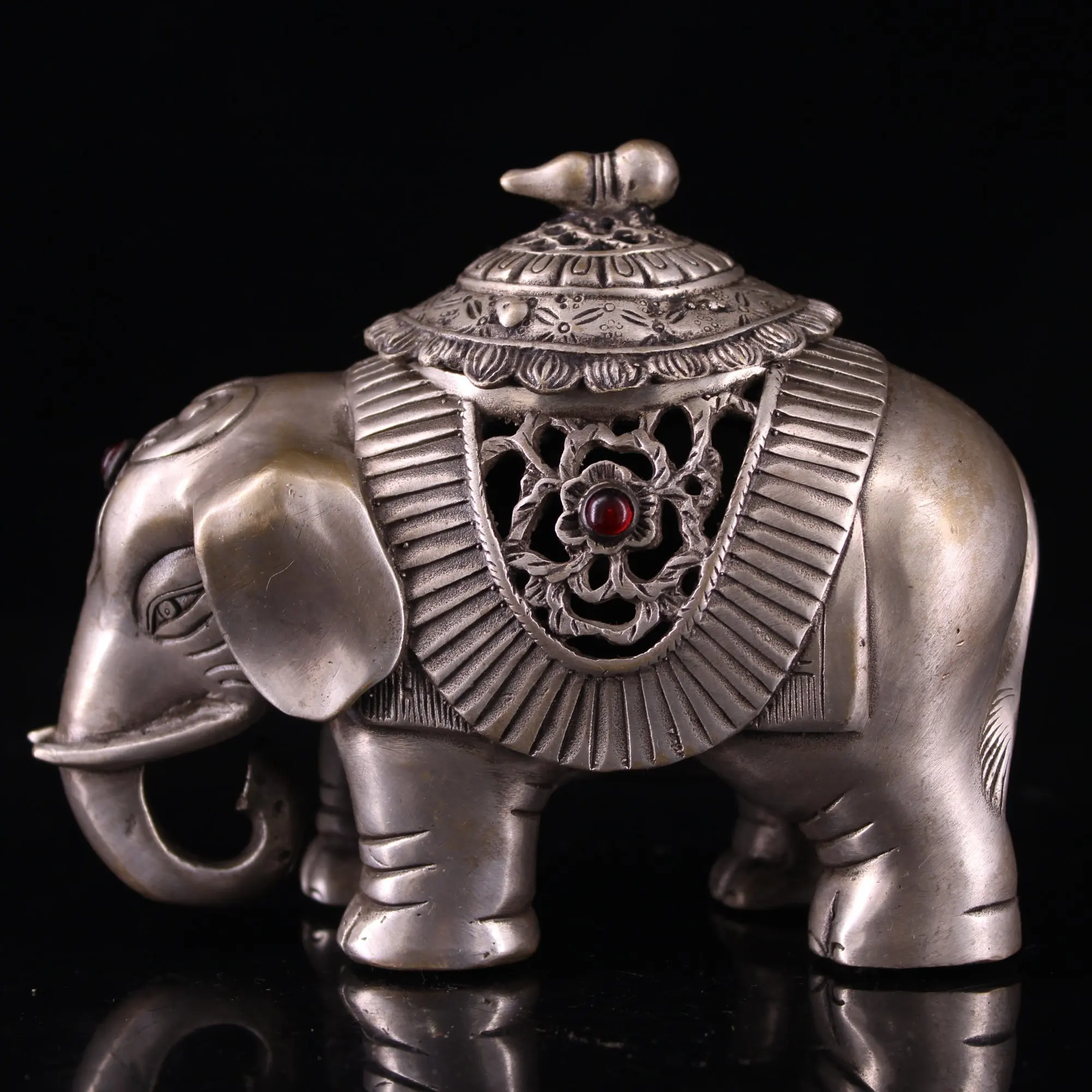 

Home Decor 6" Tibet Buddhism Temple Old Bronze Silver Gem African elephant statue incense burner Elephant Incense