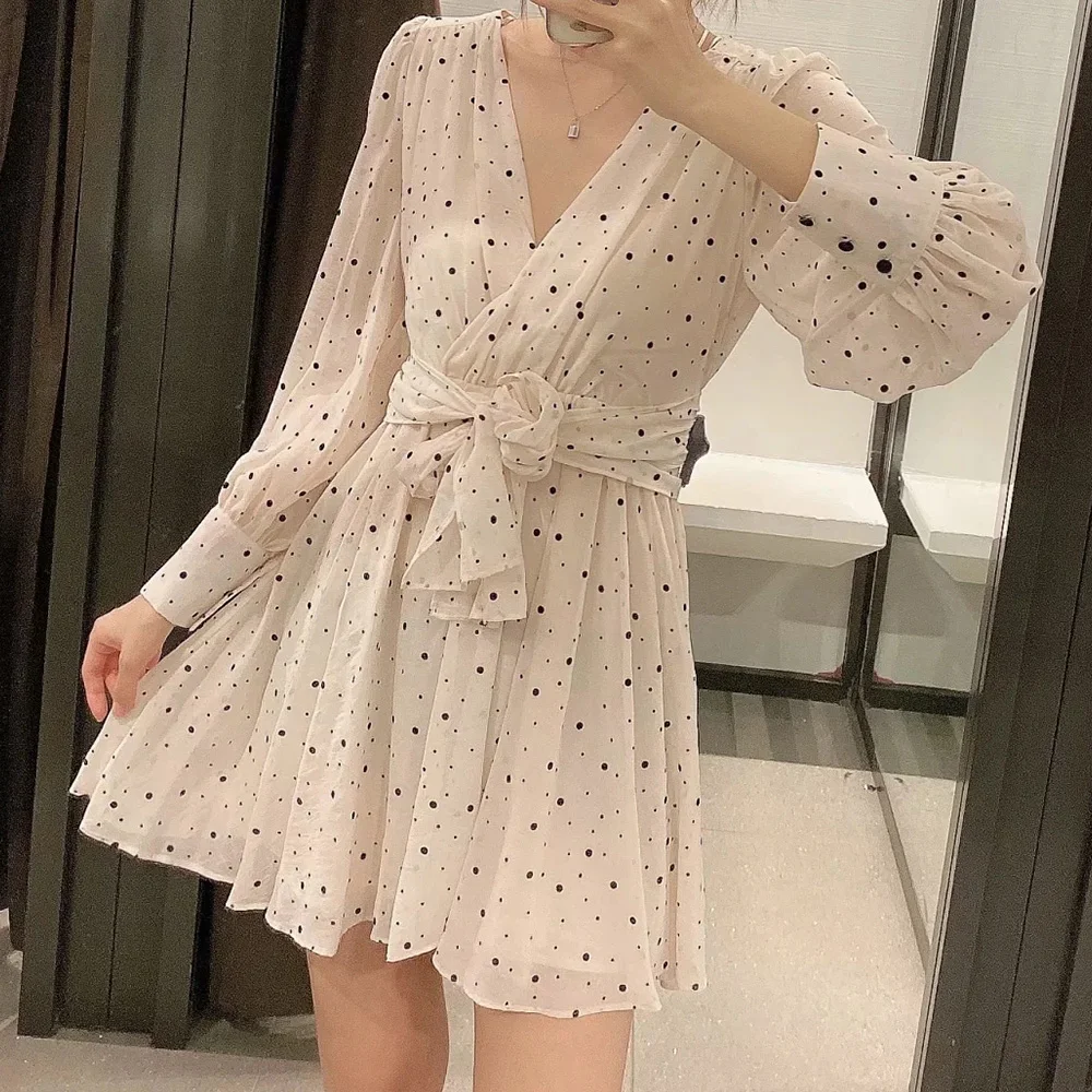 Женское платье рубашка в горошек с V образным вырезом и длинным рукавом|Женские