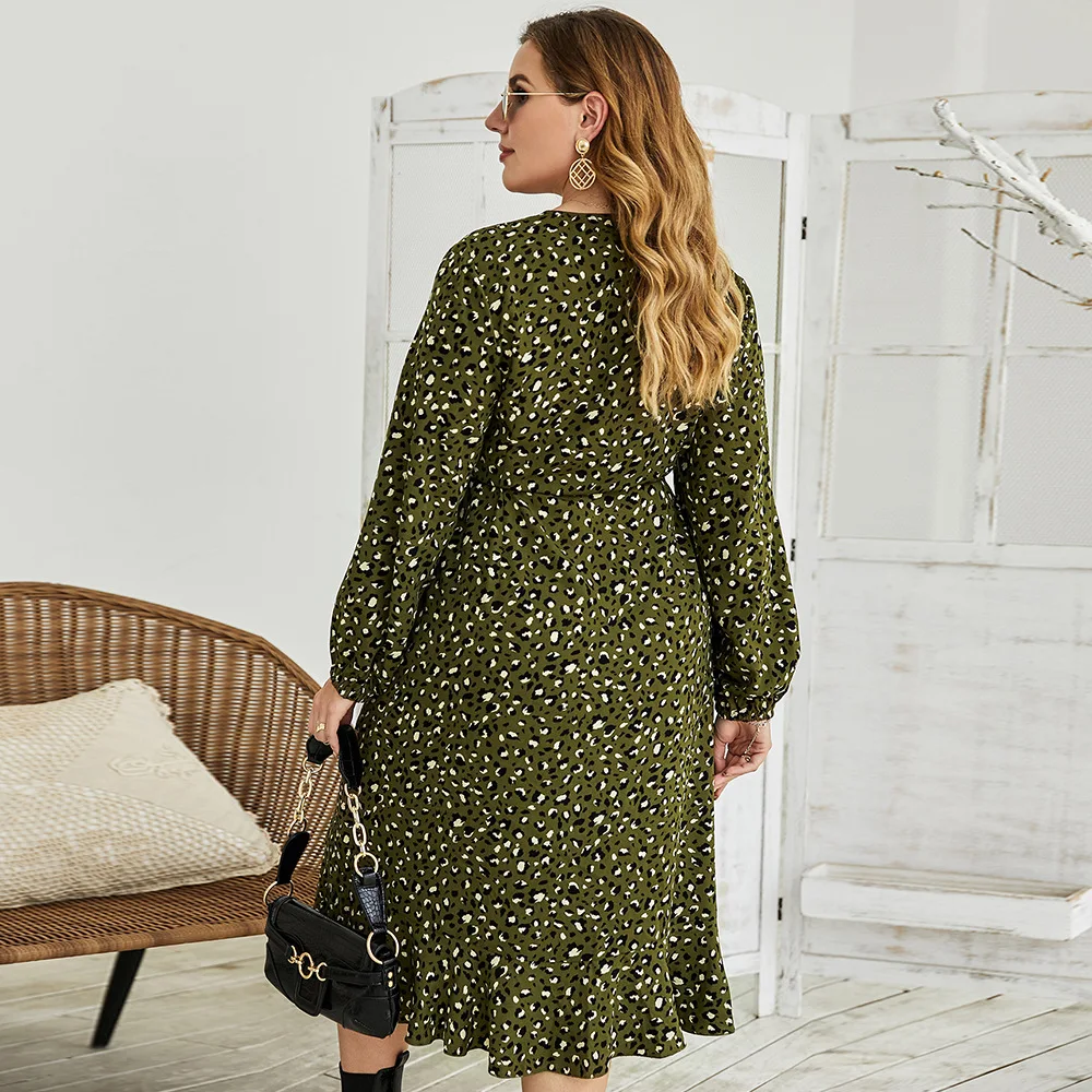 

Plus Size Fall 2021 High Waist Mediumn Long Dress For Lady Temperament Commuter Long Sleeve Straight Leopard Print Thin Women