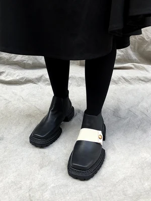 

Real Leather Chelsea Boots Woman Thick-heel Square Toe Ankle Med Shoe Spring Autumn Thick-soeld Two Wearing Black Platform Shoes