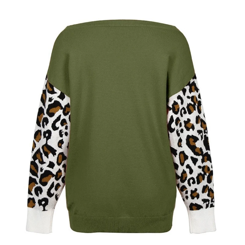 

Nice Pop Women's Knitting Sweater O-neck Leopard Print Long Sleeve Top Pullover Loose Splicing Autumn and Winter Casual Wear