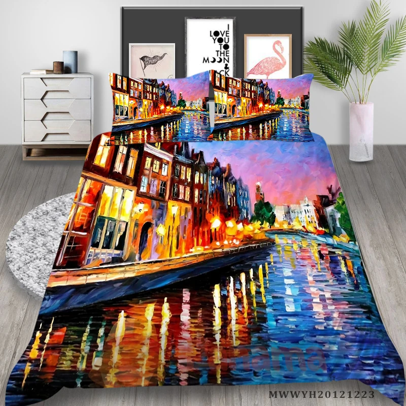 

Home Textiles Landscape Oil Painting Bedding Set King Size Quilt Cover Set Luxury 2/3pcs Bedroom Decoration
