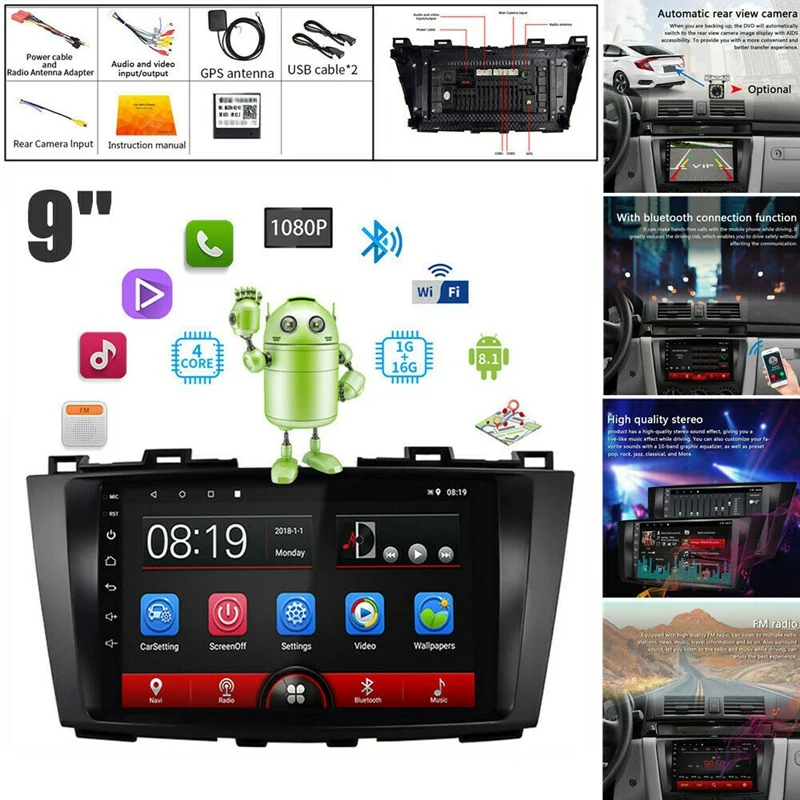 

Автомобильный mp5-плеер, 9 дюймов, Android 8,1, 2.5D HD, пресс Sn, 1 Гб + 16 ГБ, Wi-Fi, Bluetooth, FM-радио для Mazda 5, GPS-навигация