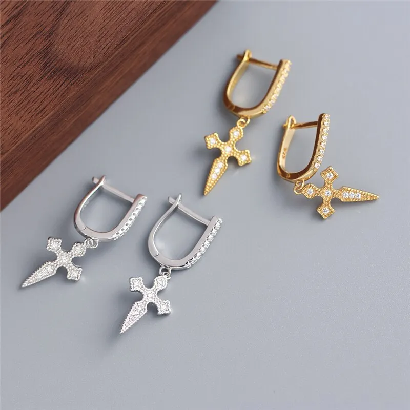 

A00799 Unique 925 Sterling Silver Baroque Pave Zircon Cross Pendant Drop Earrings for Women Retro Religious Punk Jewelry