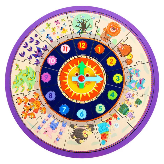 

2020 New Montessori Cartoon Animal Wooden Card Digital Clock Puzzles Gadgets Matching Educational Toy For Children Gift