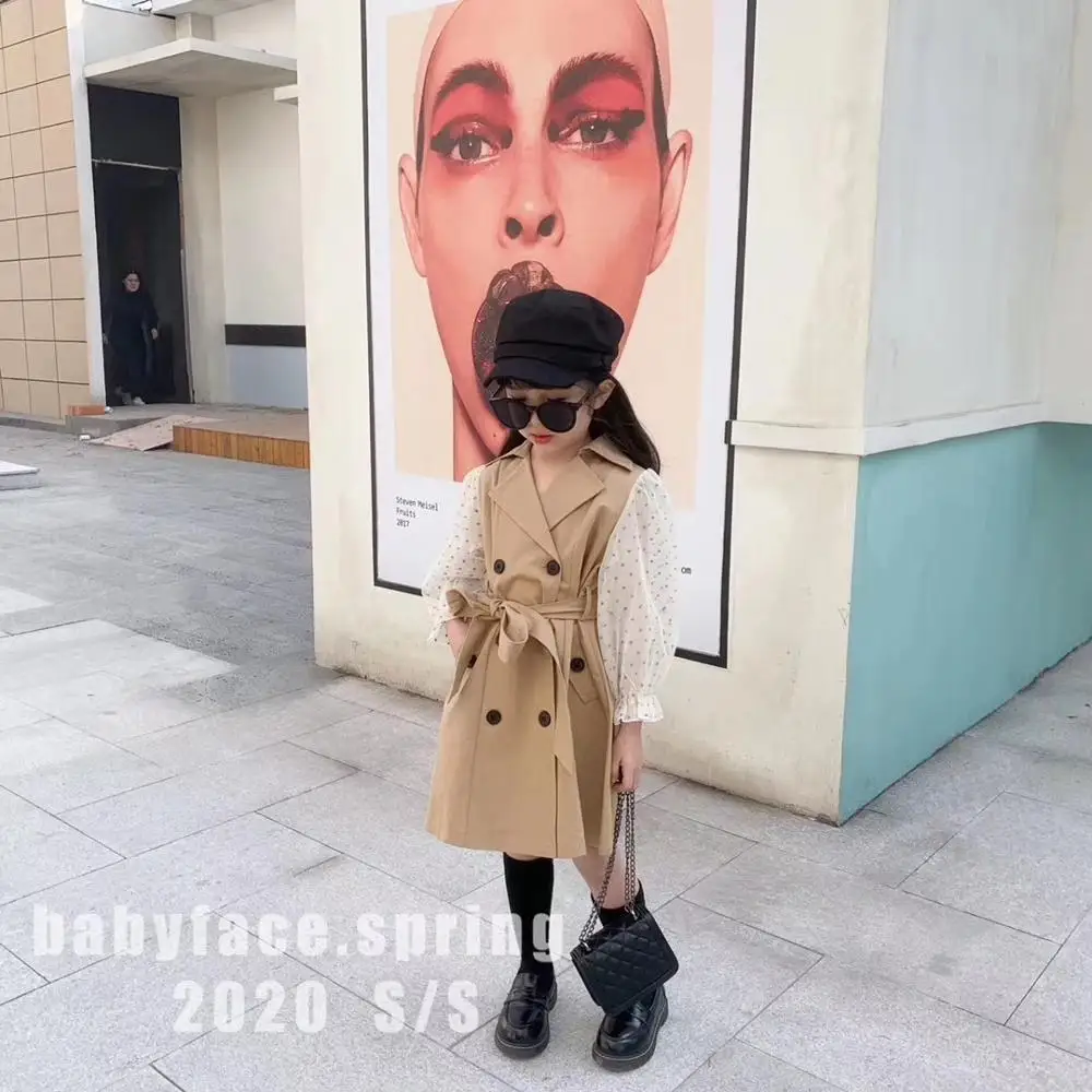 Children's clothing 2020 spring new girl fashion net yarn sleeve stitching in the long windbreaker tide | Детская одежда и