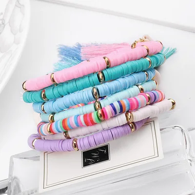 

Shell New Bohemian Polymer Clay Anklet Handmade Circle 6mm Mix Color Women Soft Ceramic An Bracelet kle Shell Tassel Summer