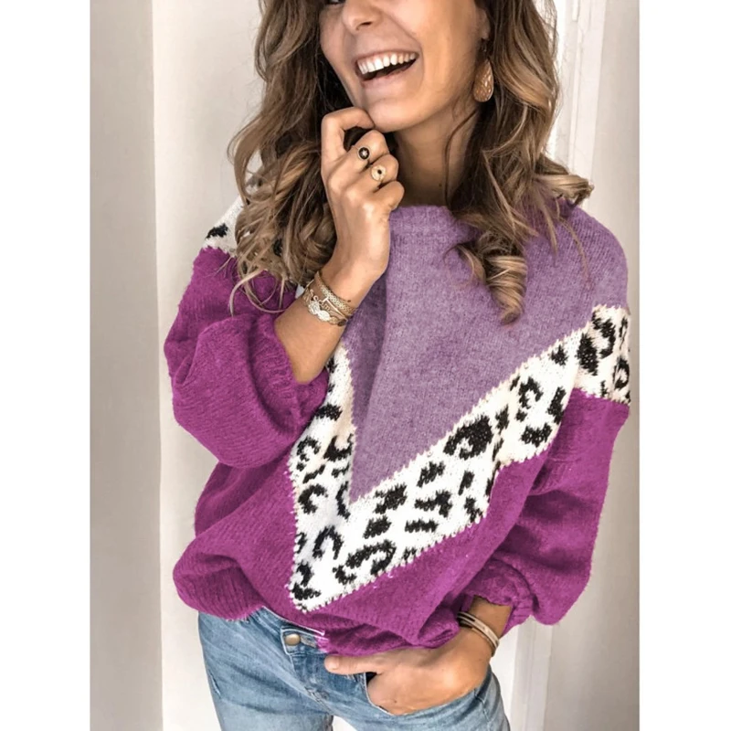 Patchwork Women Leopard Sweater O Neck Loose Casual Coffee Autumn Winter Pullover Plus Size Knitted Jumper Pattern Sweaters | Женская