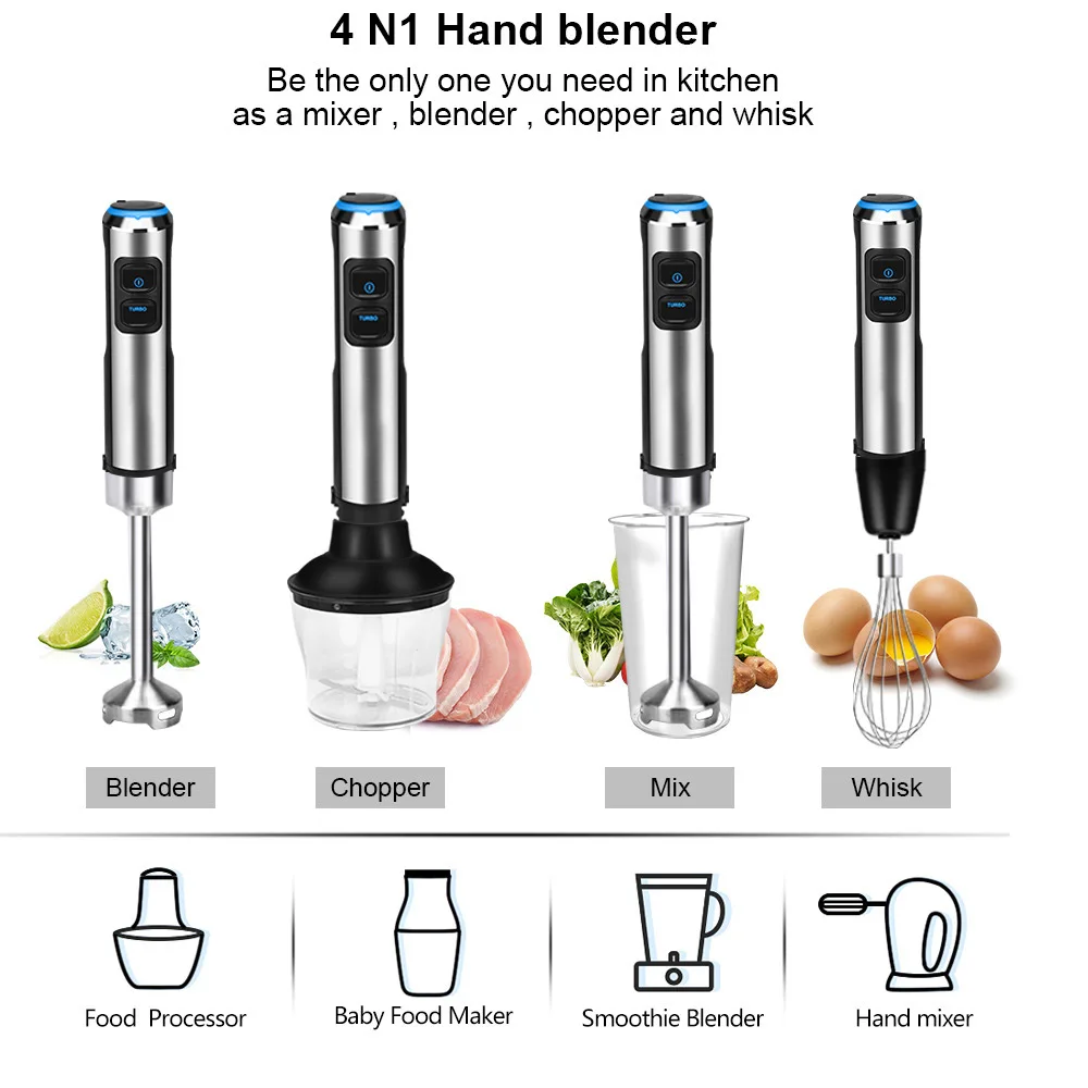 

4 in 1 High Power 1200W Immersion Hand Stick Blender Mixer Includes Chopper and Smoothie Cup Stainless Steel Ice Blades