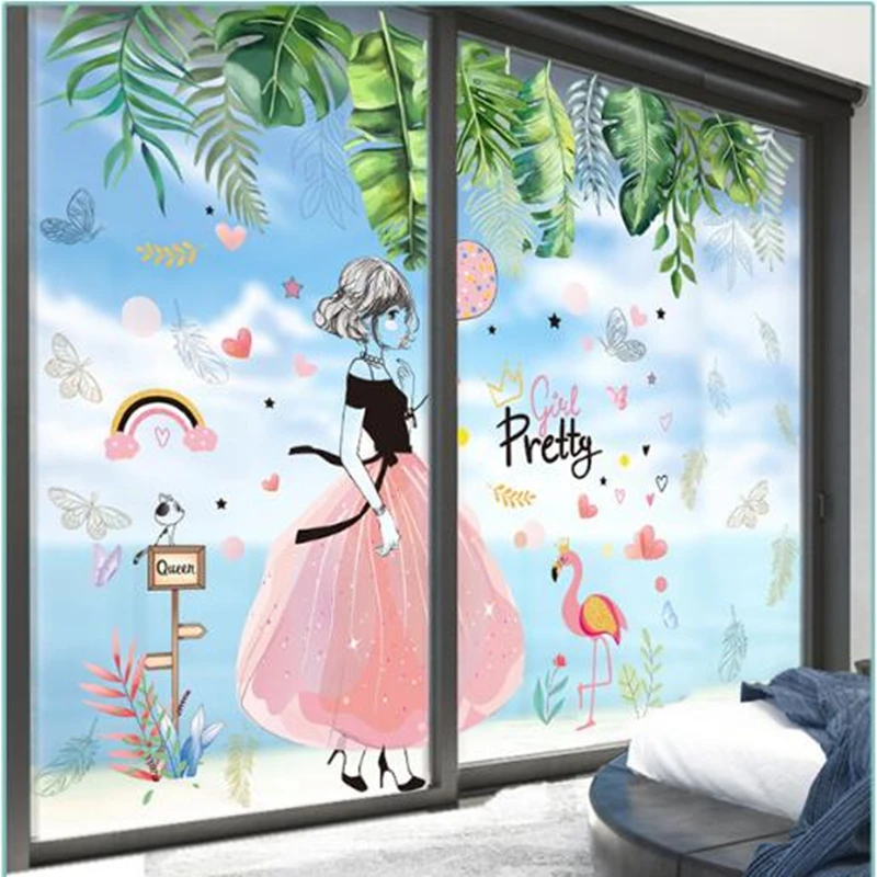 

[shijuekongjian] Green Plant Leaves Wall Stickers DIY Cartoon Girl Mural Decals for Kids Room Kitchen House Decoration