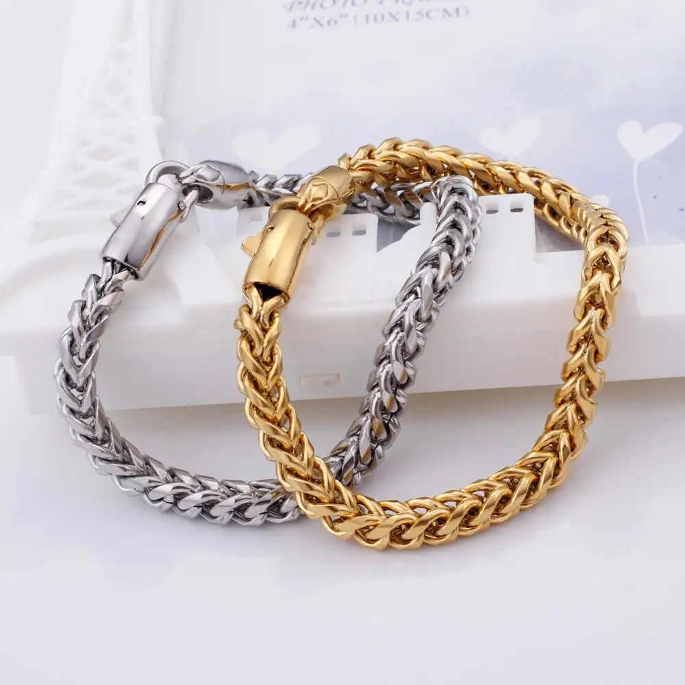 

22cm Link Chain Bracelet Men Stainless Steel Gold 6mm Width Pulsera Fashion Jewelry Birthday Gifts