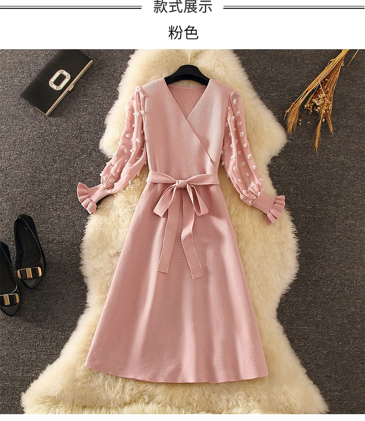 Женское трикотажное платье с V образным вырезом и длинным рукавом|Женские платья|