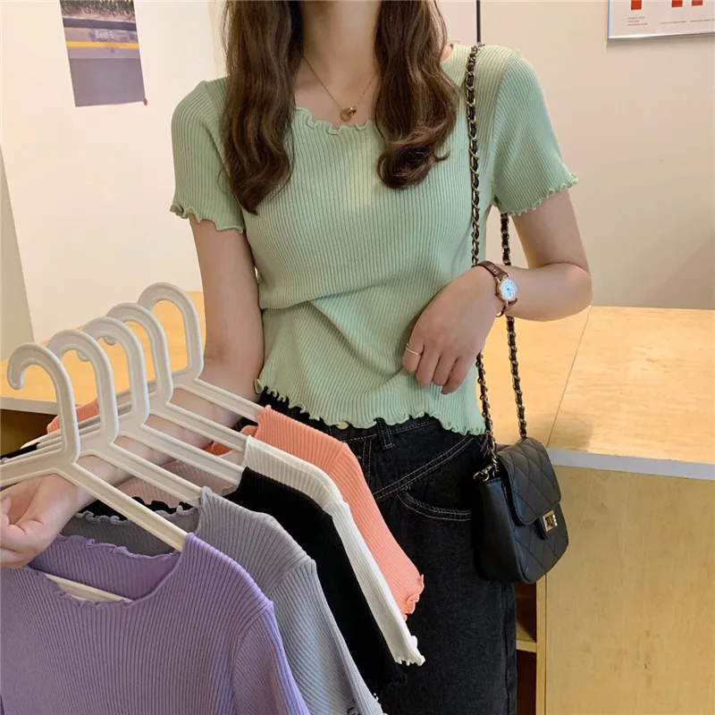 

6 Colors Korean Style Women Summer Ruched Short Sleeve Pullover Casual Female Solid Slim T-shirt Femme O-neck Knitted Tops