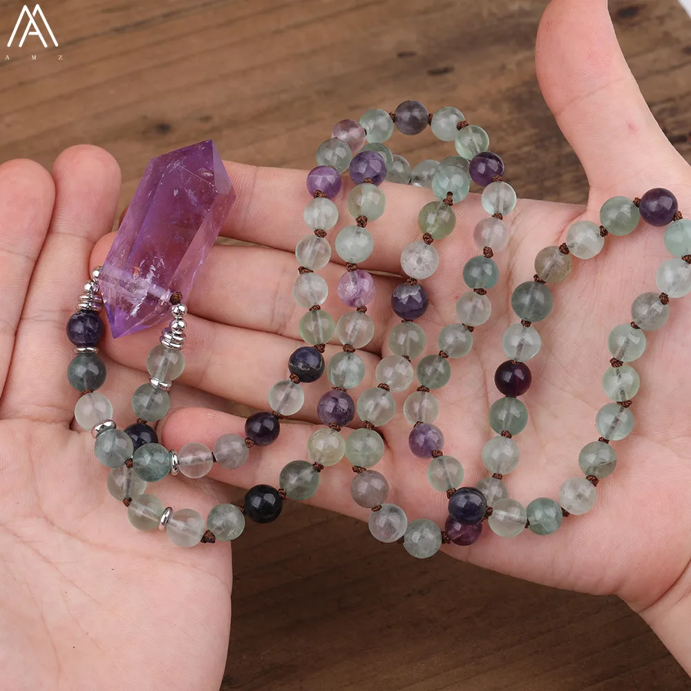 108 Mala Beads натуральный Радужный флюорит камень ожерелье для йоги аметист