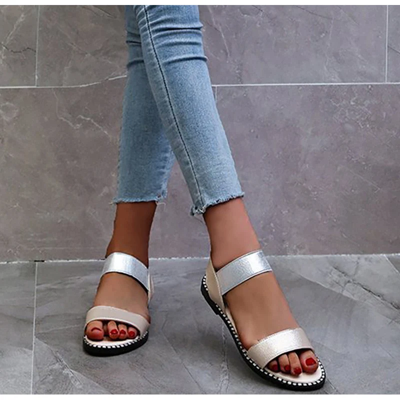 Женские сандалии на плоской подошве с открытым носком удобная повседневная