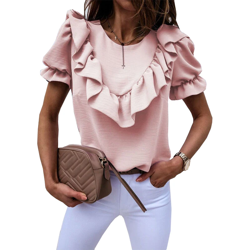 Рубашка с v-образным вырезом и коротким рукавом Элегантная блузка пышными