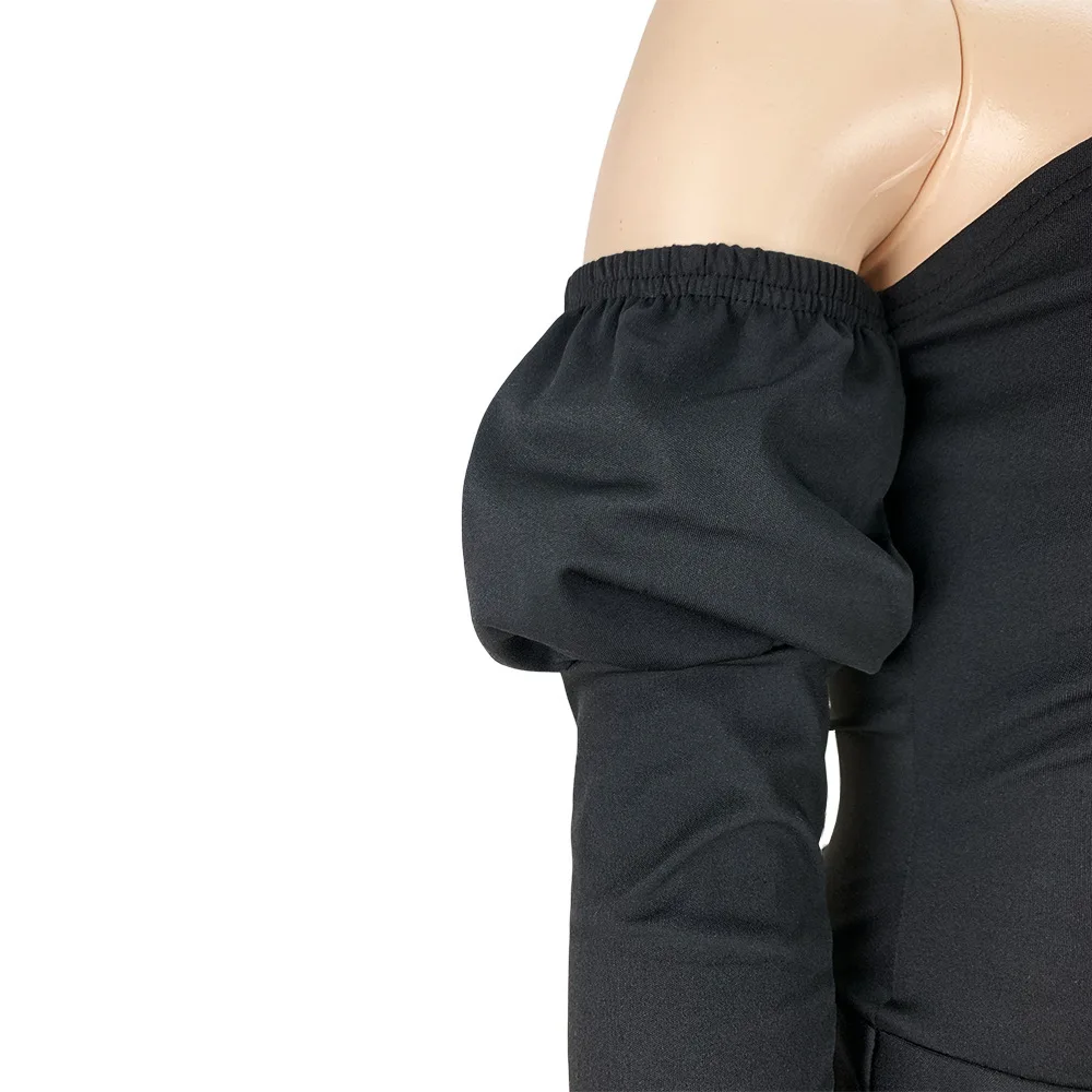 

Black Off The Shoulder Vintage Cropped Tops Women Fashion Slash Neck Long Puff Sleeve T-shirts Spring Autumn Backless Ruffle Tee