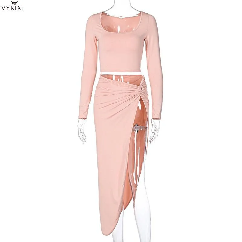 

Fashion Aumutn Winter Two Piece Skirt Sets Sexy Long Sleeve Square Collar Solid Full Length T-shirts 2 Piece Outfits For Women