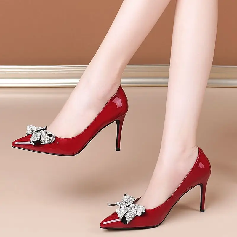 

ALLBITEFO rhinestone bowtie genuine leather high heels wedding women shoes thin heels office ladies shoes women high heel shoes
