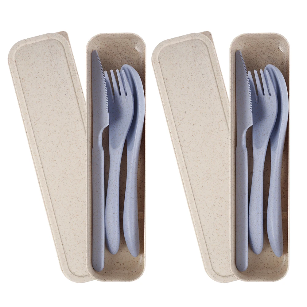 

2Pcs Portable Cutlery Kit Wheat Straw Tableware BPA-free Knife Fork Spoon Dinnerware with Storage Box Utensil Flatware Universal