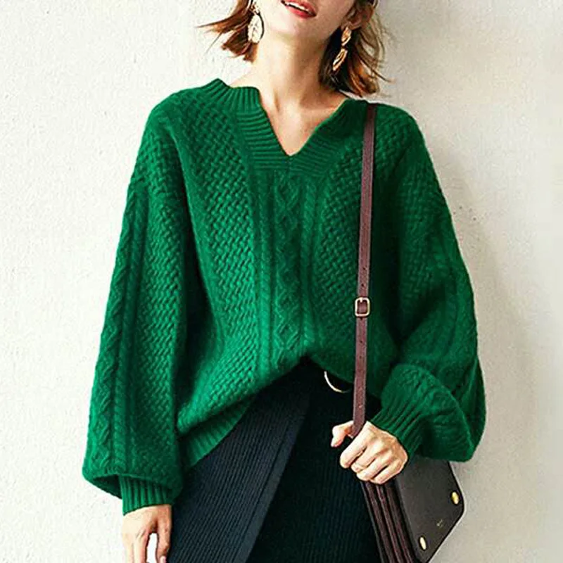 

Brand famous New 2021 Sexy V-neck knitted bottomed sweater lantern sleeve Women sweater pullovers