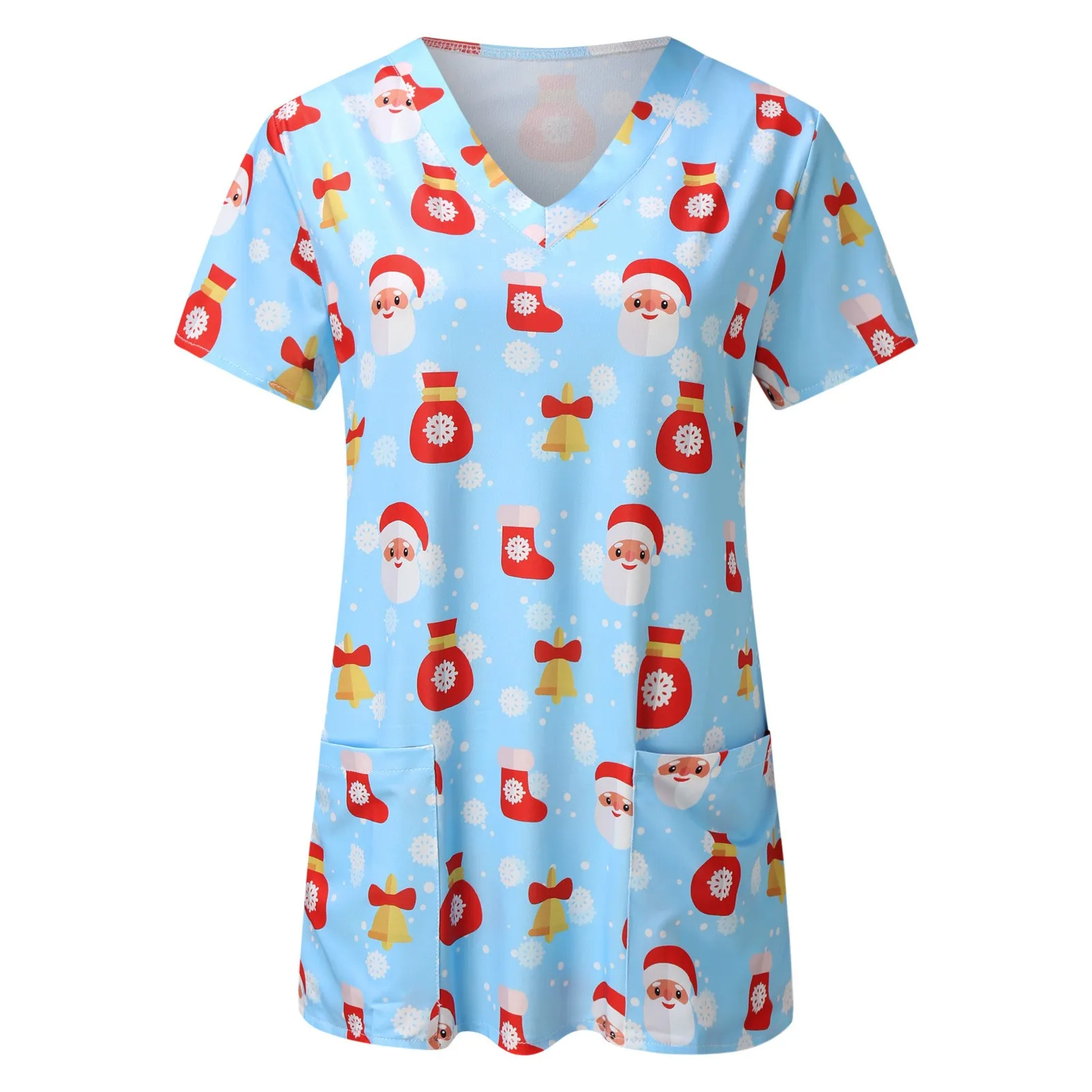 

Christmas Santa Print Scrubs Top Women V-Neck Short Sleeve Uniform Carer Work Blouse Pet Grooming Beauty Salon Nurse Shirt ^ 50