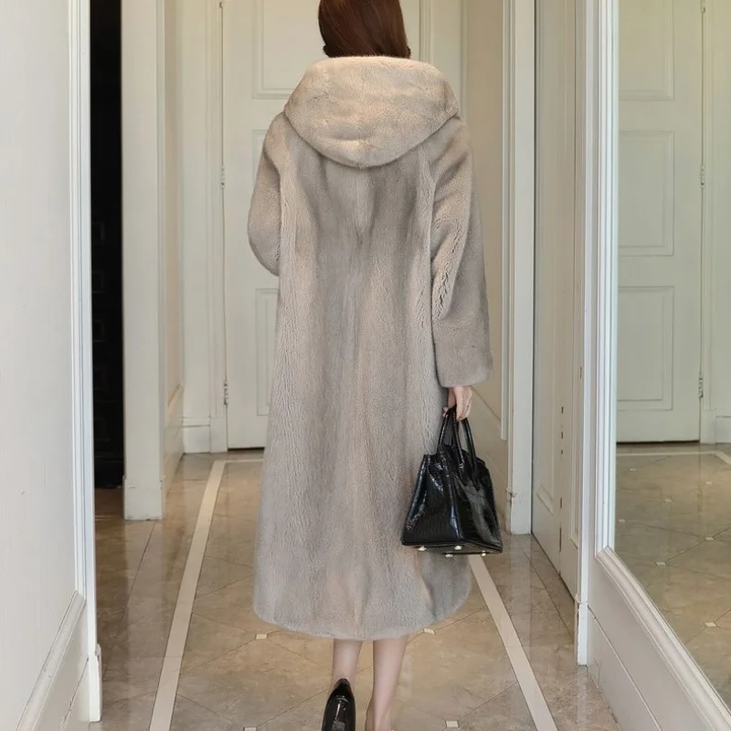 2021 new imported mink fur coat long hooded loose large size fur warm female mink coat Office Lady  Winter  With Fur Trim Hood