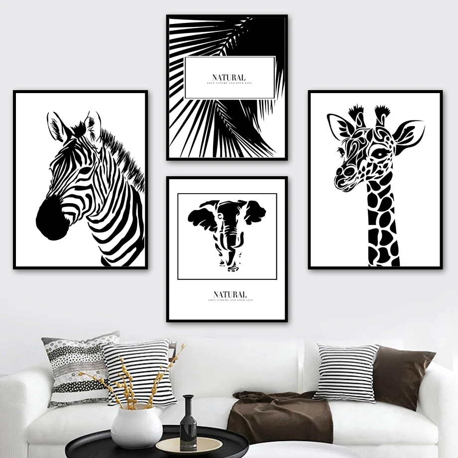 

Black White Cartoon Zebra Elephant Giraffe Palm Wall Art Canvas Painting Nordic Posters And Prints Wall Pictures Kids Room Decor