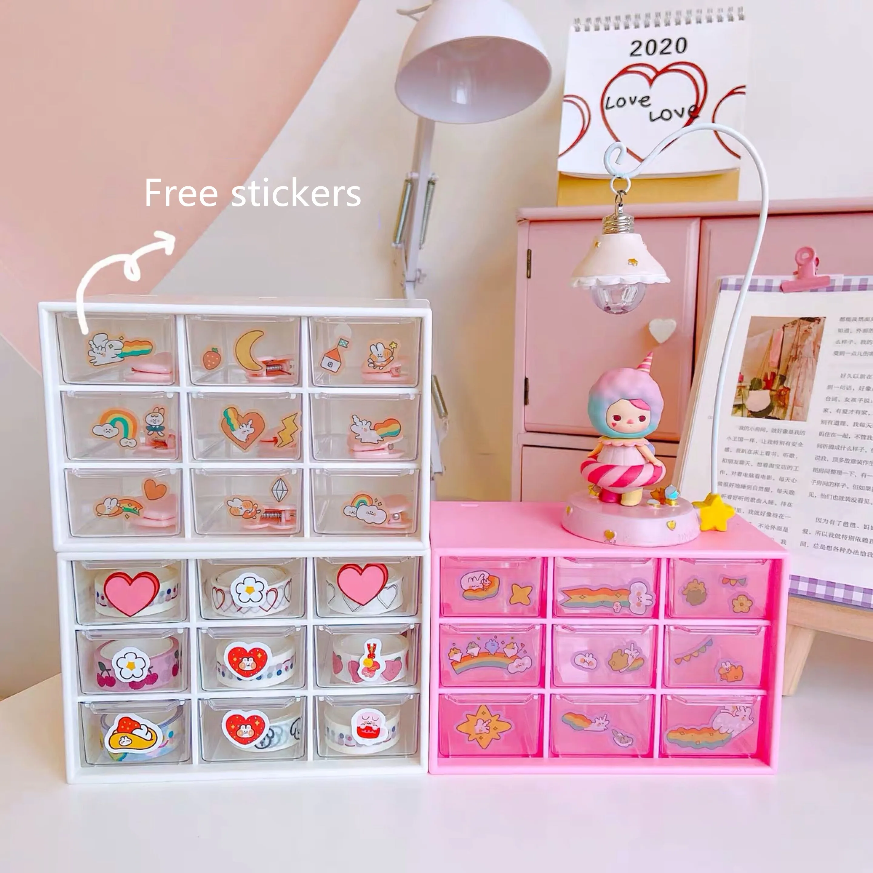 

Cute Girl 9 Grid Cosmetic Desk Organizer Box Free Stickers Desktop Jewelry Make-up Storage Case Office Accessories Stationery