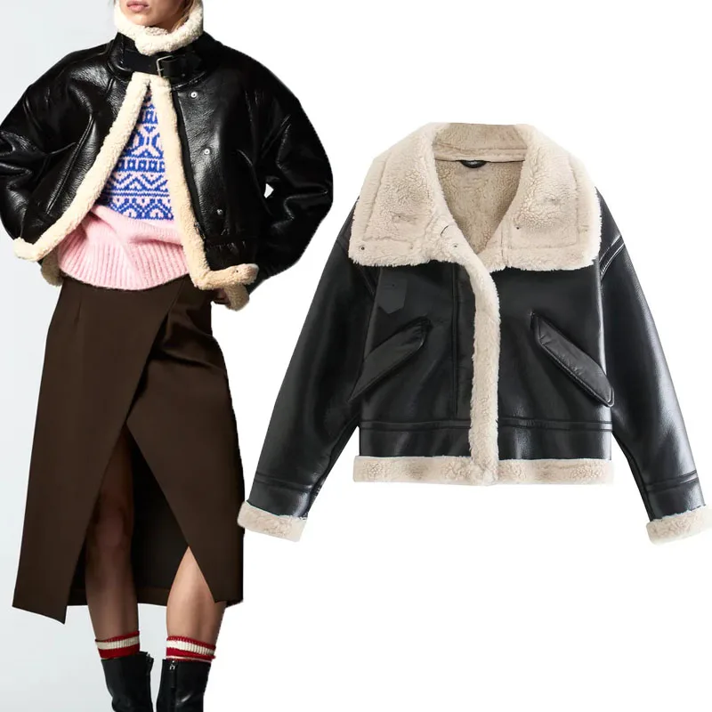 

ZA 2022 Women Fashion Thick Warm Faux Leather Shearling Jacket Coat Vintage Long Sleeve Flap Pockets Female Outerwear Chic Tops