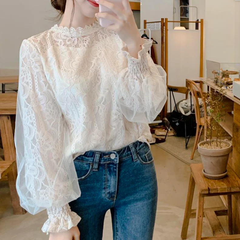 Women Sexy Lace Tops  Puff Sleeve Lace Shirt Female Mesh Hollow Out Back Up Casual Pullover O-neck Blouse 2021 Spring