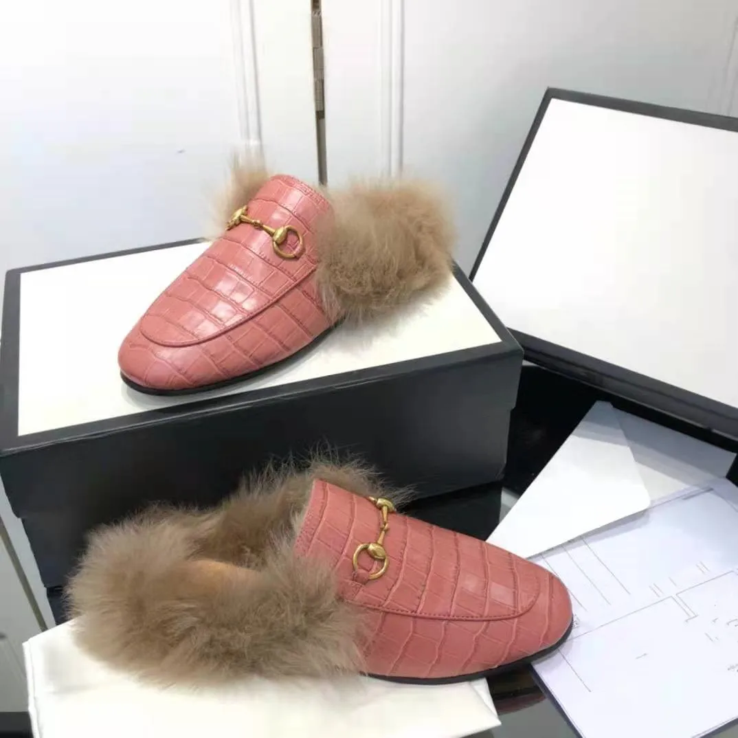 

winter 's slip-on flats mules metal buckle cold weather casual slides round toe shoes velvet rabbit fur Plus size 34-42