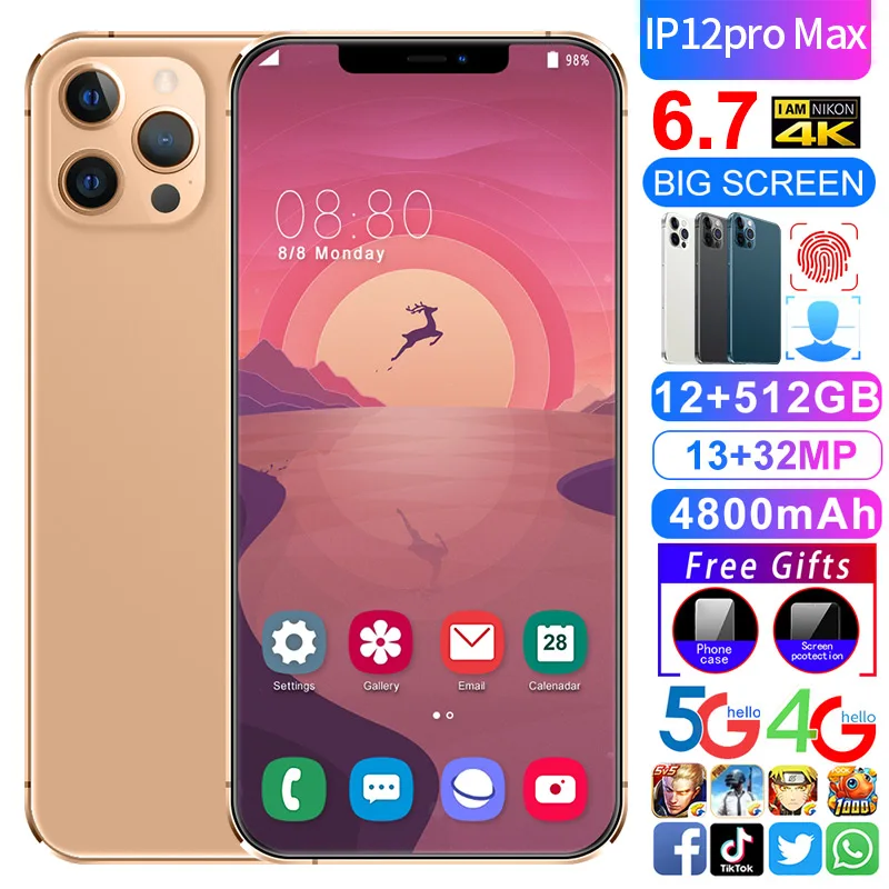 

Newest i12 PRO MAX Smartphone Global Version Unlocking 4K HD Screen 8GB RAM 256GB ROM 4800mAh Battery 4G LTE 5G Mobile Phone