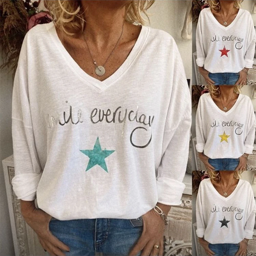 

Women Five-pointed Star T-shirt Cartoon Casual Cute Tee Long Sleeve Summer Autumn Tops Tee V-Neck S-3XL Plus Size T Shirt