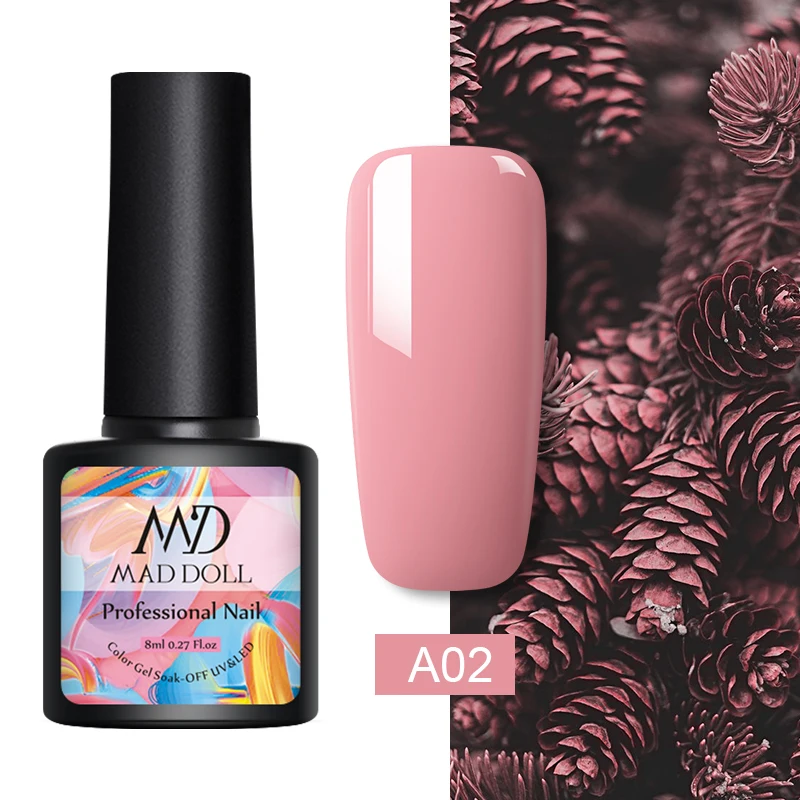 A02 MD MAD DOLL, 8 мл, УФ-гель для ногтей, серый, черный, чистый цвет для ногтей, отмачиваемый Гель-лак, однократный полуперманентный гель для ногтей - Цвет: A02