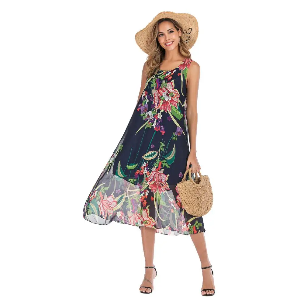 

2020 dress women's fashion sexy spring and summer models large size chiffon floral suspender loose printed dress women
