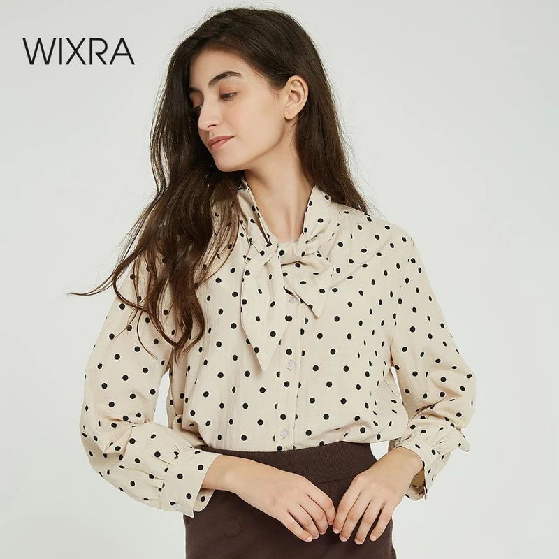 Женская блузка на шнуровке Wixra свободная рубашка в горошек с длинным рукавом