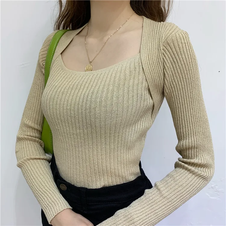 Women Square Neck Ribbed Jumper Casual Long Sleeve Rib Knit Top Sweater | Женская одежда