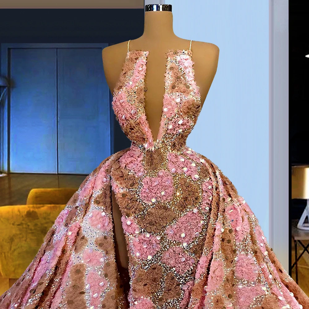 Glitter Sparkly Pink Long Dresses for Women Middle East Saudi Arabia Party Prom Gowns abendkleider 2021 sukienki koktajlowe