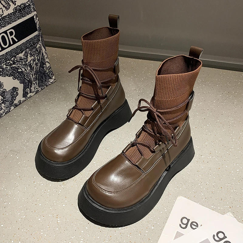

2021 Women Brown Black Stretch Fabric Sock Boots Platform Gothic Punk Shoes Women Lace Up Motorcycle Knitted Combat Ankle Boots