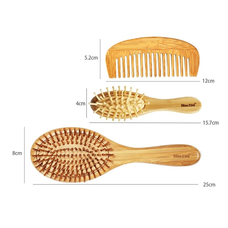

Natural Bamboo Hair Brush Bamboo Bristles Pin Massage Comb Improve Hair Growth Prevent Hair Loss Dandruff Scalp 3Pcs/Set