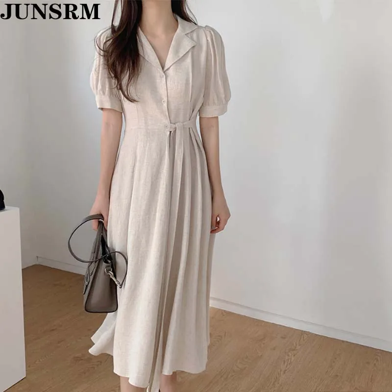 

Korean Style Solid Single-Breasted Dress Vintage Loose Simple Temperament Cotton And Linen Dress Female Summer Lace-Up Vestidos