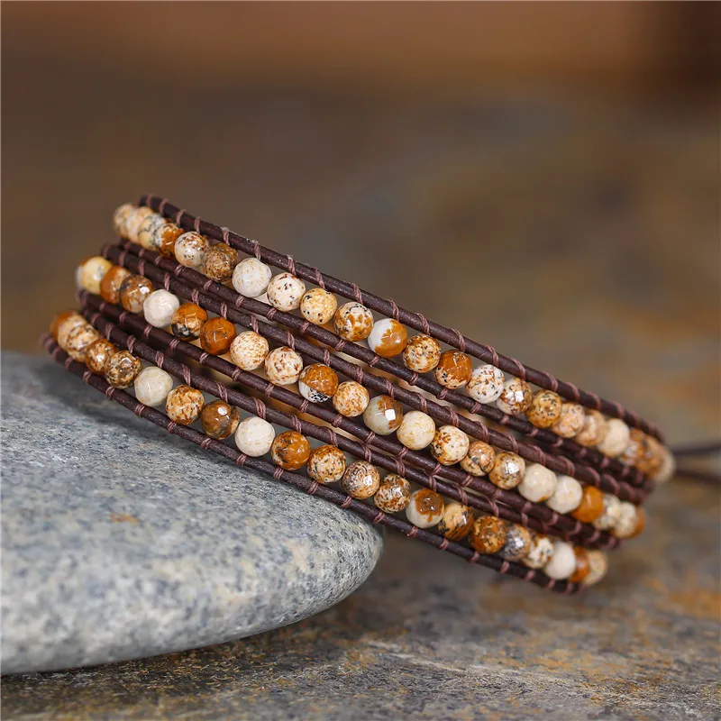Высококачественные женские браслеты из натурального камня 3 ряда кожаный