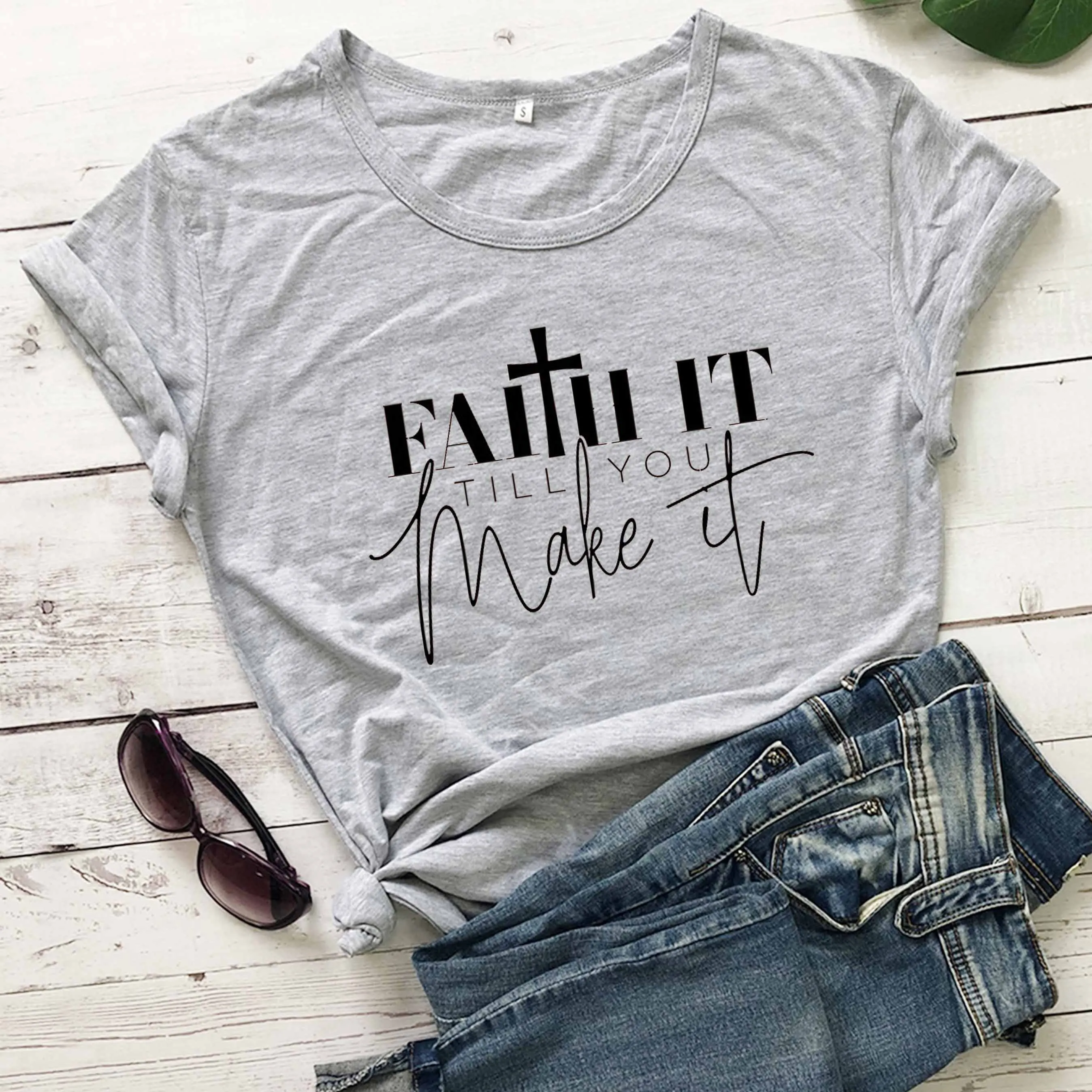 Женская футболка из чистого хлопка Faith It Till You Make хипстерская унисекс с цитатой