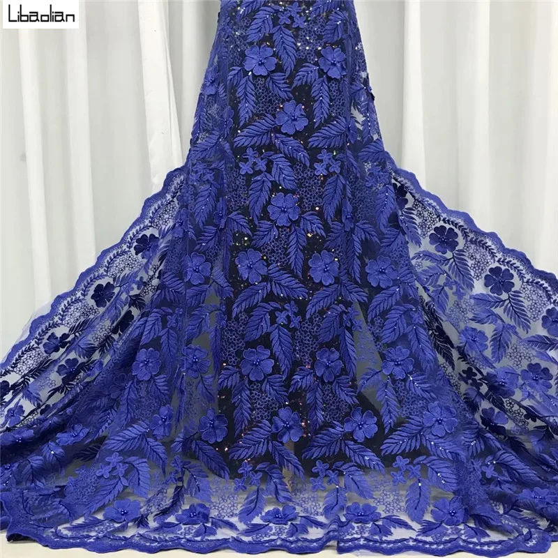 

Nigerian lace fabrics Latest style 3D flowers lace fabric net lace embroidery with beads for DIY sewing dress 5Yards ZJ26-21
