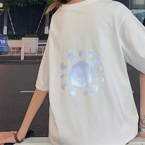 

100% Cotton Reflective T Shirt Girl Women Pink Shirt Funny Cartoon Tops Summer White High Street Japan O-neck T Shirt Female