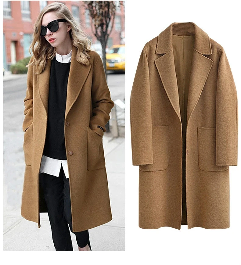 

2020 winter ladies black coat wide lapel pocket wool cloth and polyester wool blend coat super long windbreaker jacket