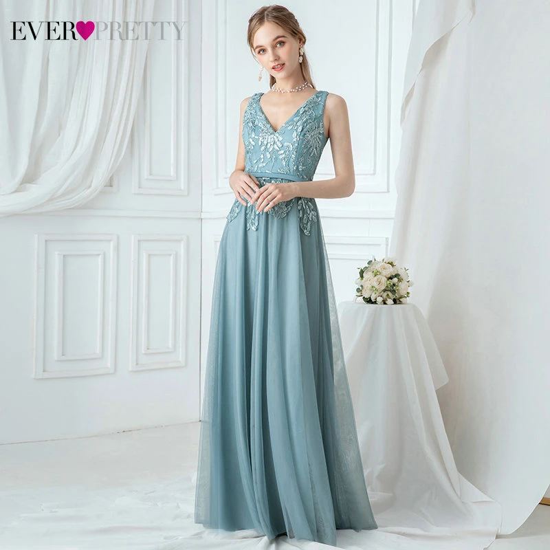 Длинное платье для выпускного Ever Pretty голубое Тюлевое трапеция без рукавов с