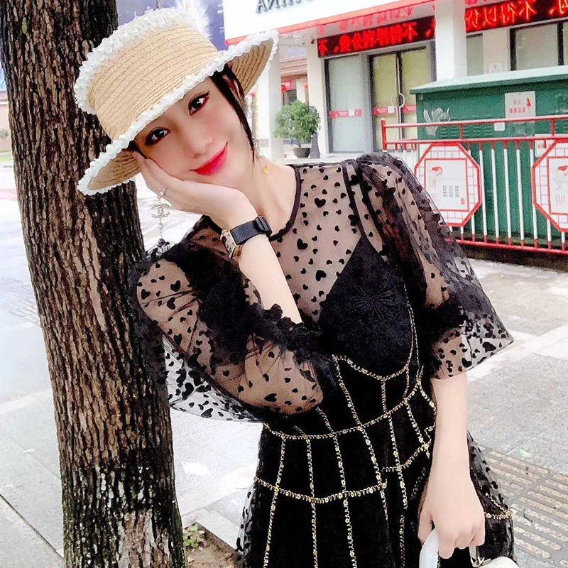 TWOTWINSTYLE винтажное женское платье с круглым вырезом и рукавами-фонариками, с высокой талией, сетчатые платья для женщин, лето