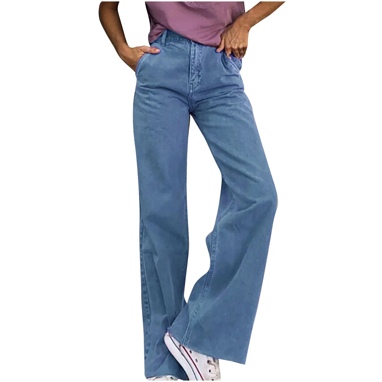 

SAGACE Women's new solid color high waist loose wide leg pants jeans women's fashion high waist pocket solid color loose jeans